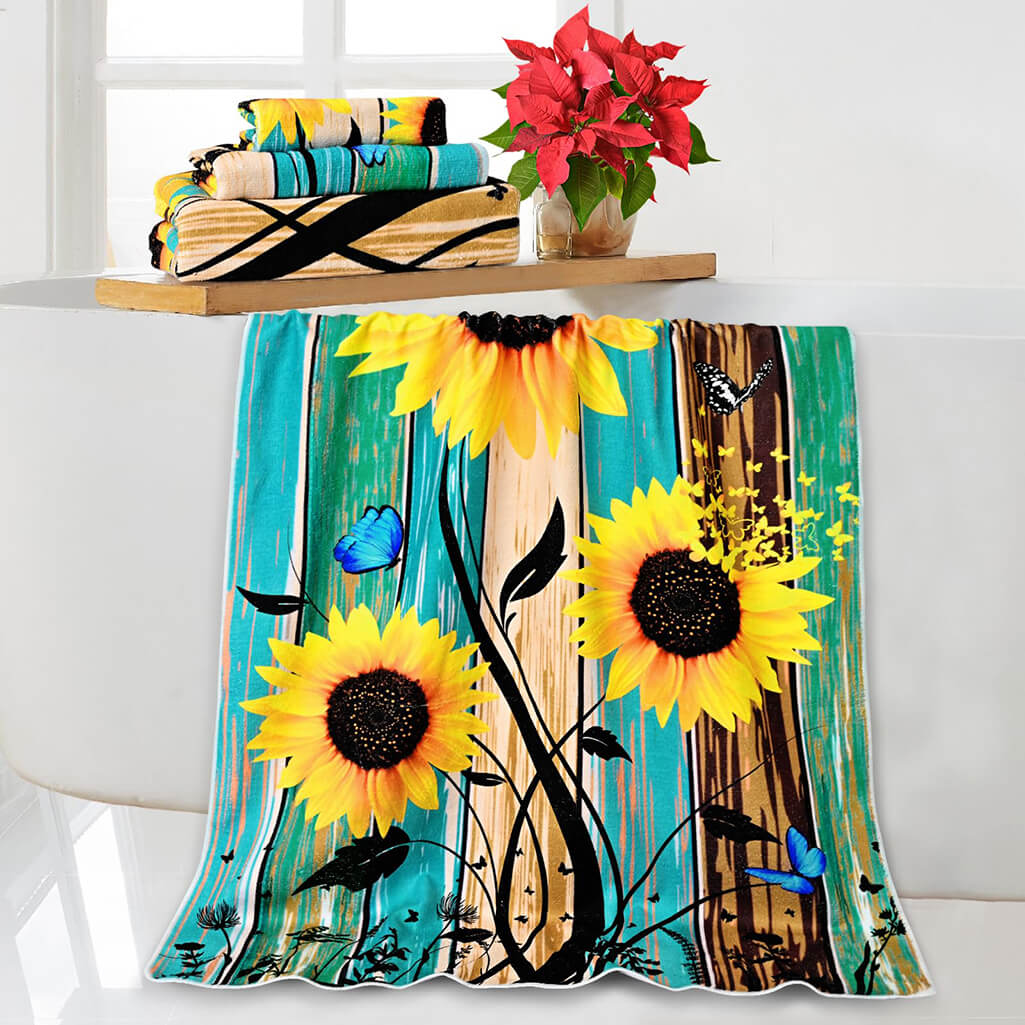 1 Pcs Sunflower Beach Towel Oversized Set Include Bath Towel Hand Towel Dish Towel, Microfiber Beach Towels for Adults Quick Dry Bulk Large, Absorbent Wooden Pool Towel Sand Free Bathroom Towel