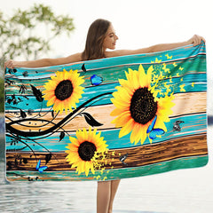 1 Pcs Sunflower Beach Towel Oversized Set Include Bath Towel Hand Towel Dish Towel, Microfiber Beach Towels for Adults Quick Dry Bulk Large, Absorbent Wooden Pool Towel Sand Free Bathroom Towel